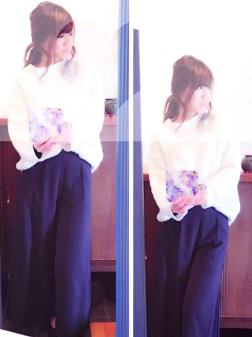 「MERCURYDUO(MERCURYDUO)、マーキュリーデュオ(MERCURYDUO)、休日スタイル、白ニット、ワイドパンツ、冬、シンプルコーデ、ガウチョパンツ」｜「MERCURYDUOのアイテム（パンツ、ブルー系）」を使った、chikaさん（レディース・167cm）の冬コーディネートの1枚目の写真