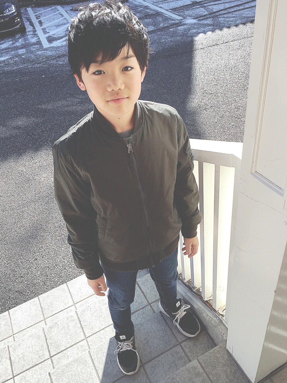 「キッズコーデ、キッズファッション、kids、kidsfashion、子供服、男の子、10歳、UNIQLO、MA-1、adidas」｜「UNIQLOのアイテム（MA-1、グリーン系）」を使った、chikaさん（レディース・167cm）の冬コーディネートの1枚目の写真