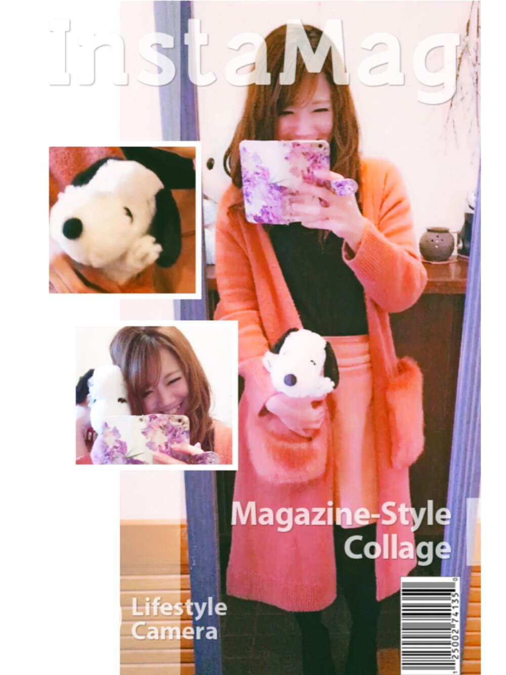 「スヌーピー、ＳＮＯＯＰＹ　、スヌーピーを探せ！、スヌーピーとお出かけ。、ぬいぐるみ、お出かけコーデ、coordinate、dazzlin、MERCURYDUO(MERCURYDUO)、loft」｜「MERCURYDUOのフェイクファーポケットロングニットガウン（その他アウター、オレンジ系）」を使った、chikaさん（レディース・167cm）の春コーディネートの1枚目の写真