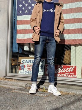 「CHARI&CO（チャリアンドコー）のアイテム（ニット/セーター、ブルー系）」を使った、Shunya Kさん（メンズ）の冬コーディネート