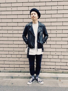「NANO universe（ナノユニバース）のアイテム（ライダースジャケット）」を使った、nano・universe 渋谷神南 Mensさん（メンズ・172cm）の秋コーディネート