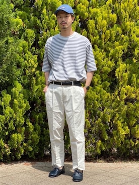 「green label relaxing（グリーンレーベルリラクシング）のレザー メッシュ 30 ベルト（ベルト）」を使った、miyamoto_さん（メンズ・181cm）の春コーディネート