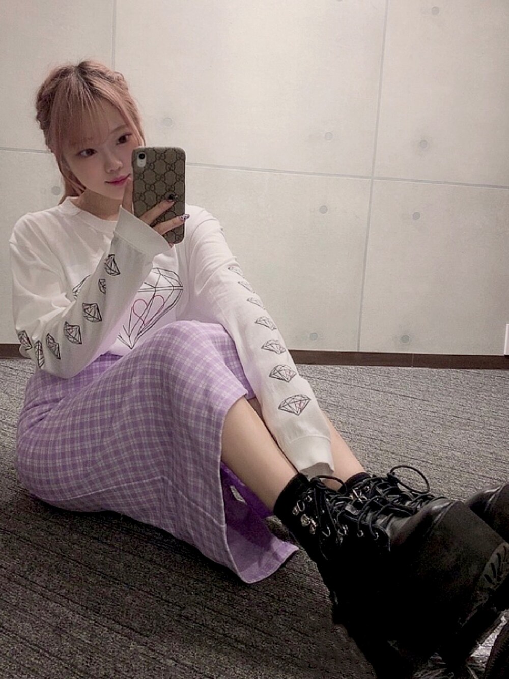 「ロンT、今日のコーデ、ootd、チェックスカート、地雷、量産型」｜「魔法企画のアイテム（Tシャツ/カットソー、ホワイト系）」を使った、roll0423さん（レディース・154cm）の夏コーディネートの1枚目の写真
