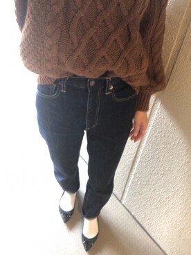 「GU（ジーユー）のアイテム（デニムパンツ、ブルー系）」を使った、meguさん（レディース・158cm）の秋コーディネート