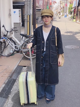 「UNIVERSAL OVERALL（ユニバーサルオーバーオール）のアイテム（ノーカラージャケット）」を使った、Chine Chenさん（レディース・158cm）の春コーディネート