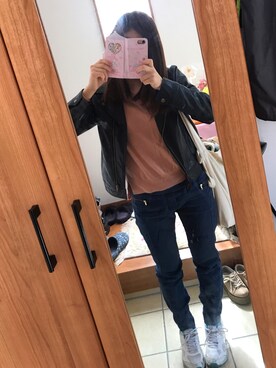 「RETRO GIRL（レトロガール）のアイテム（ライダースジャケット）」を使った、あーやさん（レディース・158cm）の春コーディネート