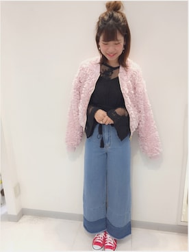 「レースブラウス」｜「アイテム（ブルゾン）」を使った、ま つ ゆ か ◡̈*さん（レディース・166cm）の春コーディネート