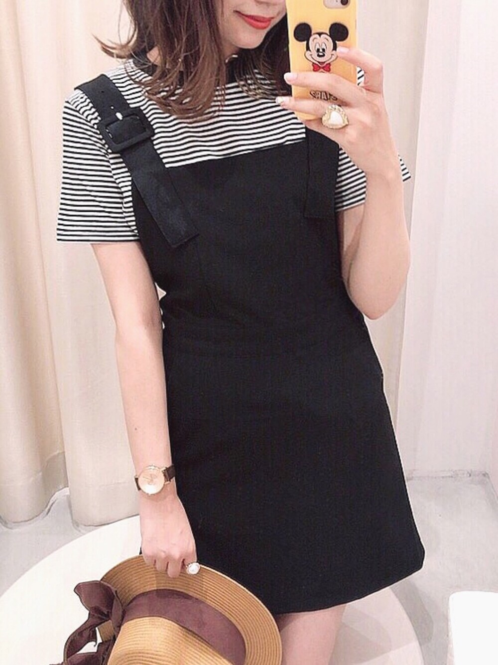 「ナイスクラップ、nice claup、one after another NICE CLAUP、おしゃれさんと繋がりたい、ジャンパースカート、ジャンスカ、ボーダー、ボーダートップス、モノトーンコーデ、カンカン帽」｜「one after another NICE CLAUPのシンプルボーダーTシャツ（Tシャツ/カットソー、ブラック系）」を使った、ま つ ゆ か ◡̈*さん（レディース・168cm）の夏コーディネートの1枚目の写真
