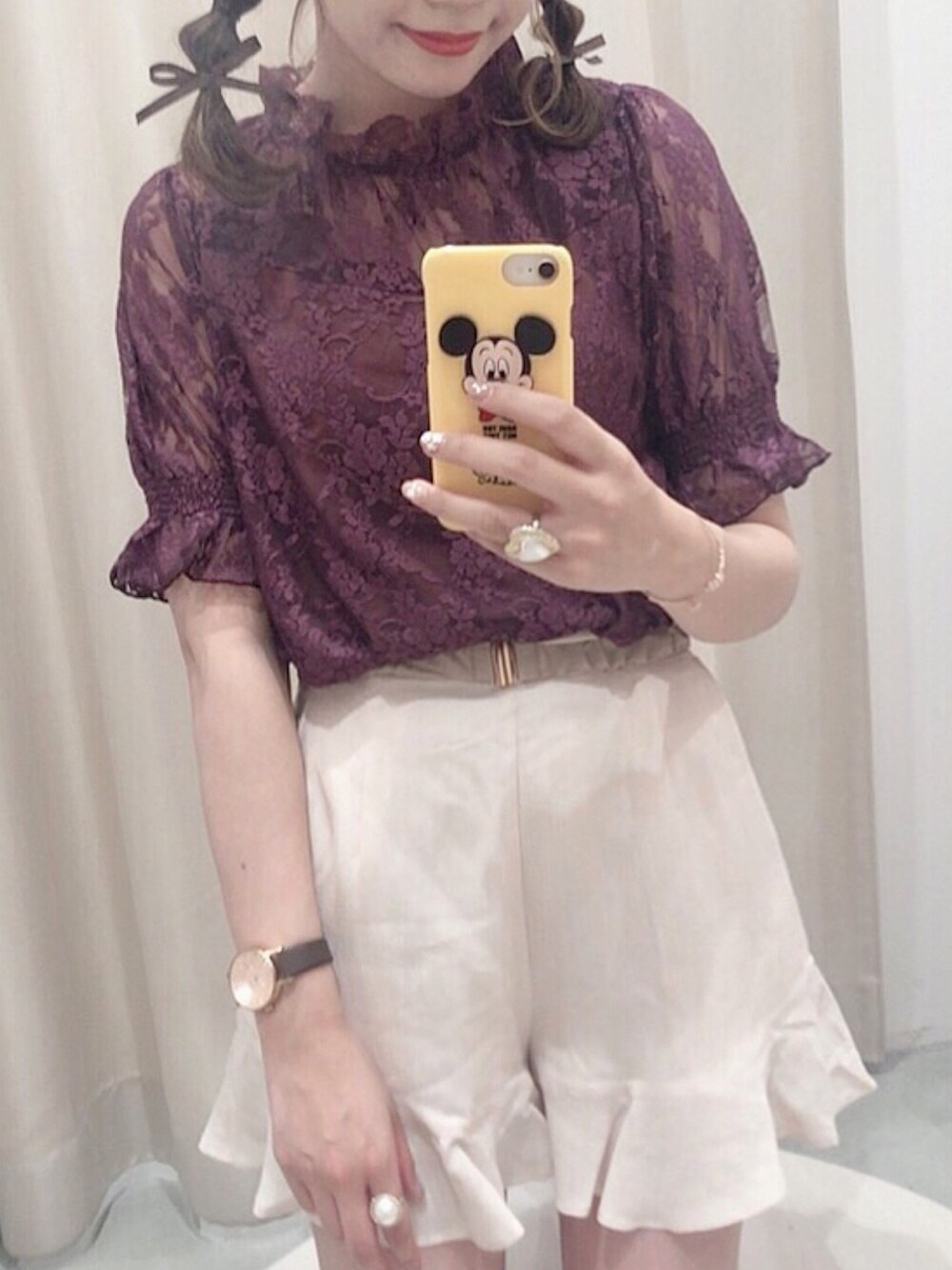 「ナイスクラップ、nice claup、one after another NICE CLAUP、夏コーデ、レース、レーストップス、ショートパンツ、ショーパン、大人ガーリー」｜「one after another NICE CLAUPのレースウエストシャーリングブラウス（シャツ/ブラウス、ブラウン系）」を使った、ま つ ゆ か ◡̈*さん（レディース・168cm）の夏コーディネートの1枚目の写真