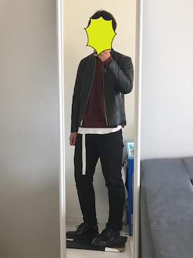 「ベロア」｜「アイテム（ライダースジャケット）」を使った、ユウトさん（メンズ・176cm）の秋コーディネート
