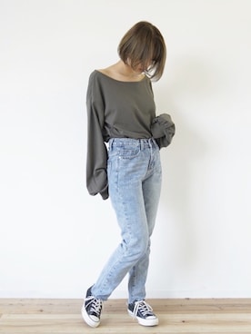「Aunt Marie's（アントマリーズ）のWEARISTA YUKI × AUNT MARIE'S ミニ裏毛ボリュームスリーブTOPS（Tシャツ/カットソー）」を使った、tamaruさん（レディース・155cm）の秋コーディネート