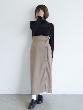 「Aunt Marie's（アントマリーズ）のAUNT MARIE'S レザーサス付きハイウエストナロースカート（スカート）」を使った、tamaruさん（レディース・155cm）の秋コーディネート