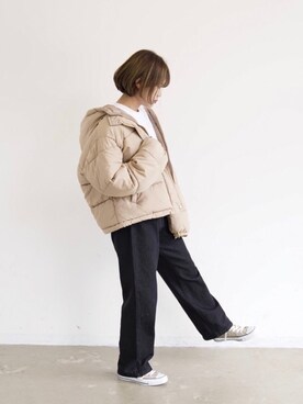「袖ボリューム」｜「アイテム（ダウンジャケット/コート）」を使った、tamaruさん（レディース・155cm）の秋コーディネート