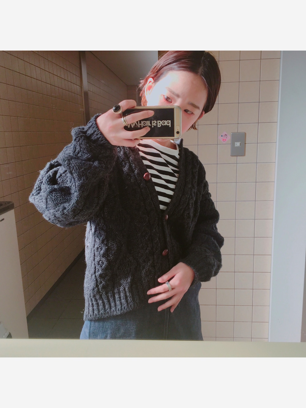 「シンプル、カジュアル、TUKI、TROENTORP、agnes b.、カーディガン、古着、l.l.bean」｜「古着のアイテム（カーディガン/ボレロ、ブラック系）」を使った、陽さん（レディース・155cm）の冬コーディネートの1枚目の写真