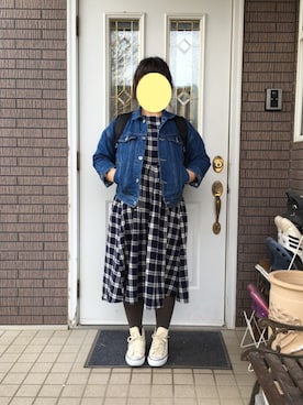 「studio CLIP（スタディオクリップ）のデニム7分袖Gジャン（デニムジャケット、ブルー系）」を使った、まるこ○*さん（レディース・151cm）の春コーディネート