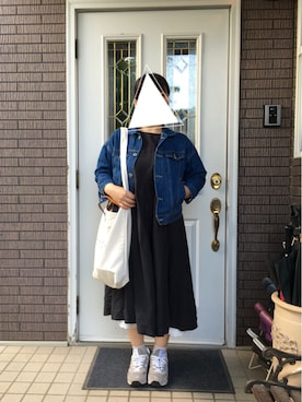 「studio CLIP（スタディオクリップ）のデニム7分袖Gジャン（デニムジャケット、ブルー系）」を使った、まるこ○*さん（レディース・151cm）の春コーディネート