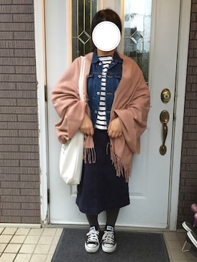 「studio CLIP（スタディオクリップ）のデニム7分袖Gジャン（デニムジャケット、ブルー系）」を使った、まるこ○*さん（レディース・151cm）の秋コーディネート