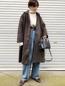 「Libra Cue（リブラ キュー）のアイテム（ステンカラーコート）」を使った、𝙔𝙐𝙆𝙄さん（レディース・162cm）の冬コーディネート