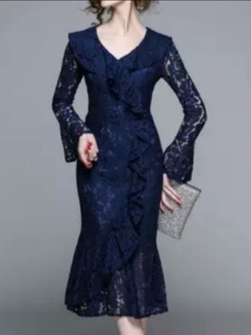 No Brand ノーブランド の マーメイドフリル 花柄レース ワンピース ドレス 長袖 Vネック フォーマル Aライン 膝丈 結婚式 パーティドレス ネイビー 大きいサイズ ワンピース Wear