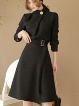 No Brand ノーブランド の ボウタイ エレガント ハイネックウエストベルト付ワンピース 膝丈 黒 ブラック 秋冬ワンピース シンプル フォーマル オフィスコーデ ワンピース Wear