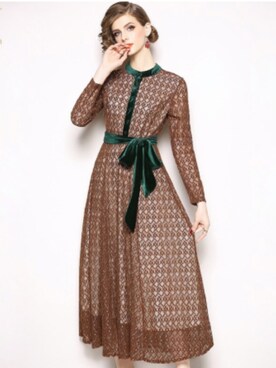 花柄レースワンピース リボンベルト 長袖 秋 結婚式 二次会 演奏会 お呼ばれ パーティー ドレス エレガント ミモレ丈 大きいサイズ ブラウンを使ったコーディネート一覧 Wear