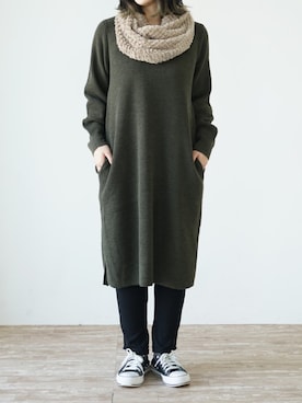 「ワッフルワンピース」｜ユナさん（レディース・155cm）の秋コーディネート