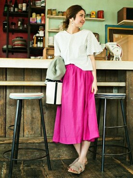 「URBAN RESEARCH Sonny Label（アーバンリサーチサニーレーベル）のSonny Label キャンバスバケツショルダーバッグ（ショルダーバッグ）」を使った、kurataniさん（レディース・165cm）の夏コーディネート