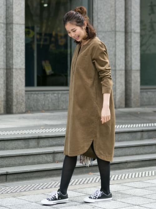 コーデュロイ シャツ ワンピース コーデ