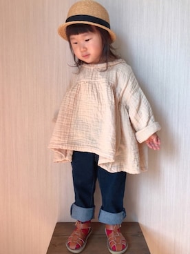 「むぎわら帽子」｜「アイテム（チュニック）」を使った、あんさん（キッズ・80cm）の春コーディネート