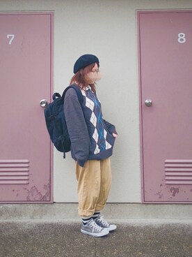 「黒リュック」｜「アイテム（ハンチング/ベレー帽）」を使った、晴-haru-さん（レディース・148cm）の秋コーディネート