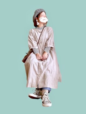 「ワンピース×スニーカー」｜「アイテム（ハンチング/ベレー帽）」を使った、晴-haru-さん（レディース・148cm）の秋コーディネート