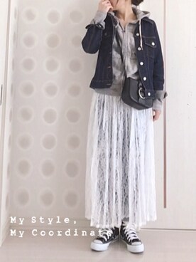 「AZUL by moussy（アズールバイマウジー）のｸﾗｯｼｭﾎﾞｰｲﾌｨｯﾄﾃﾞﾆﾑﾊﾟﾝﾂ（デニムパンツ）」を使った、Ⓜ︎さん（レディース・153cm）の冬コーディネート