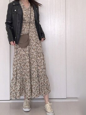 「カジュアルガーリー」｜「アイテム（ライダースジャケット）」を使った、Ⓜ︎さん（レディース・152cm）の春コーディネート