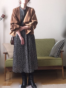 「DHOLIC（ディーホリック）のストラップSETプリーツ花柄ワンピース（ワンピース）」を使った、Ⓜ︎さん（レディース・152cm）の秋コーディネート