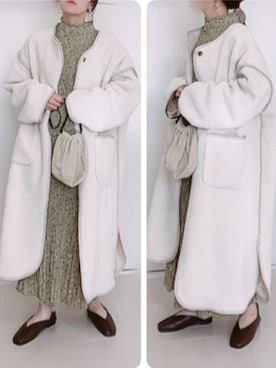 「巾着バッグ」｜「アイテム（ムートンコート）」を使った、Ⓜ︎さん（レディース・152cm）の秋コーディネート