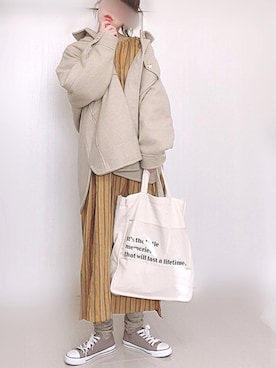 「ストライプワンピース」｜「アイテム（ブルゾン）」を使った、Ⓜ︎さん（レディース・152cm）の冬コーディネート