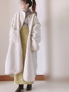「リブニット」｜「アイテム（ムートンコート）」を使った、Ⓜ︎さん（レディース・152cm）の冬コーディネート