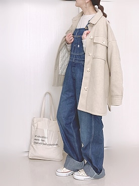 「ポケットＴシャツ」｜「アイテム（サロペット/オーバーオール）」を使った、Ⓜ︎さん（レディース・152cm）の冬コーディネート