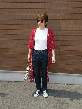 「リブT」｜「アイテム（その他アウター）」を使った、m@yaさん（レディース・159cm）の夏コーディネート