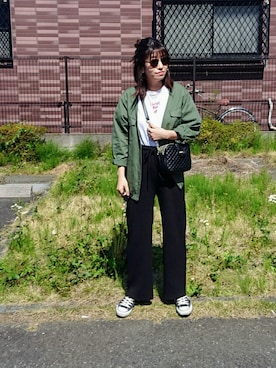 「黒パンツ」｜「アイテム（ノーカラージャケット）」を使った、m@yaさん（レディース・159cm）の春コーディネート