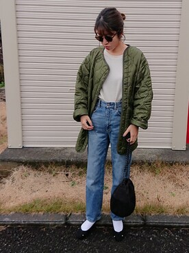 「ハイウエストストレートジーンズ」｜「アイテム（ミリタリージャケット）」を使った、m@yaさん（レディース・159cm）の冬コーディネート