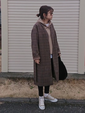 「ベージュ×ブラック」｜「アイテム（その他アウター）」を使った、m@yaさん（レディース・159cm）の冬コーディネート