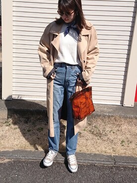 「バンダナ」｜「アイテム（トレンチコート）」を使った、m@yaさん（レディース・159cm）の春コーディネート