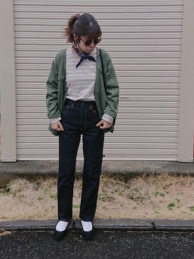 「バンダナ」｜「アイテム（ノーカラージャケット）」を使った、m@yaさん（レディース・159cm）の春コーディネート