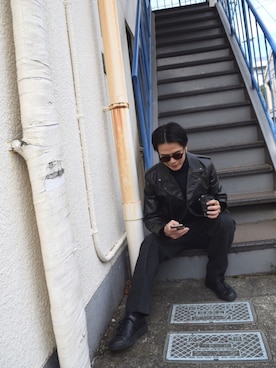 「SAINT LAURENT PARIS（サンローランパリ）のアイテム（ライダースジャケット）」を使った、しゅうへいさん（メンズ・172cm）の冬コーディネート