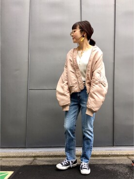「リブニット」｜「アイテム（MA-1）」を使った、てらさんさん（レディース・157cm）の冬コーディネート