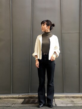 「ブラックデニム」｜「アイテム（ノーカラージャケット）」を使った、てらさんさん（レディース・157cm）の秋コーディネート