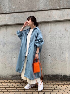 「レザースカート」｜「アイテム（ステンカラーコート）」を使った、てらさんさん（レディース・157cm）の冬コーディネート