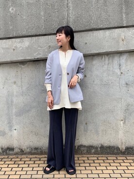 「ブルーコーデ」｜「アイテム（ノーカラージャケット）」を使った、てらさんさん（レディース・157cm）の冬コーディネート