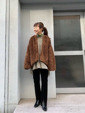 「チェックシャツ」｜「アイテム（ノーカラージャケット）」を使った、てらさんさん（レディース・157cm）の冬コーディネート